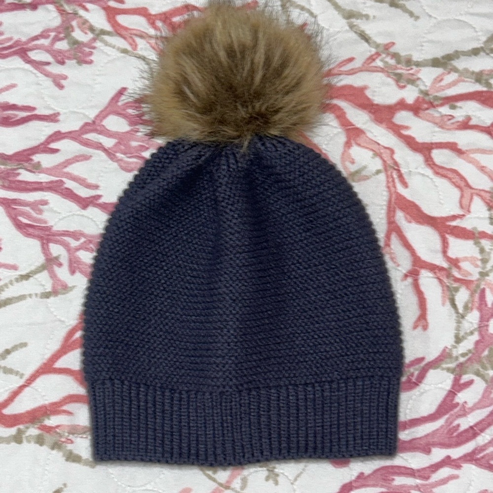 Grey Knit Beanie with Faux Fur Pom